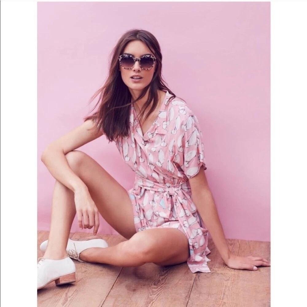 Maeve Romper Womens 10 Pink Sailboat Print Nautical Rayon Short Sleeve Tie Back